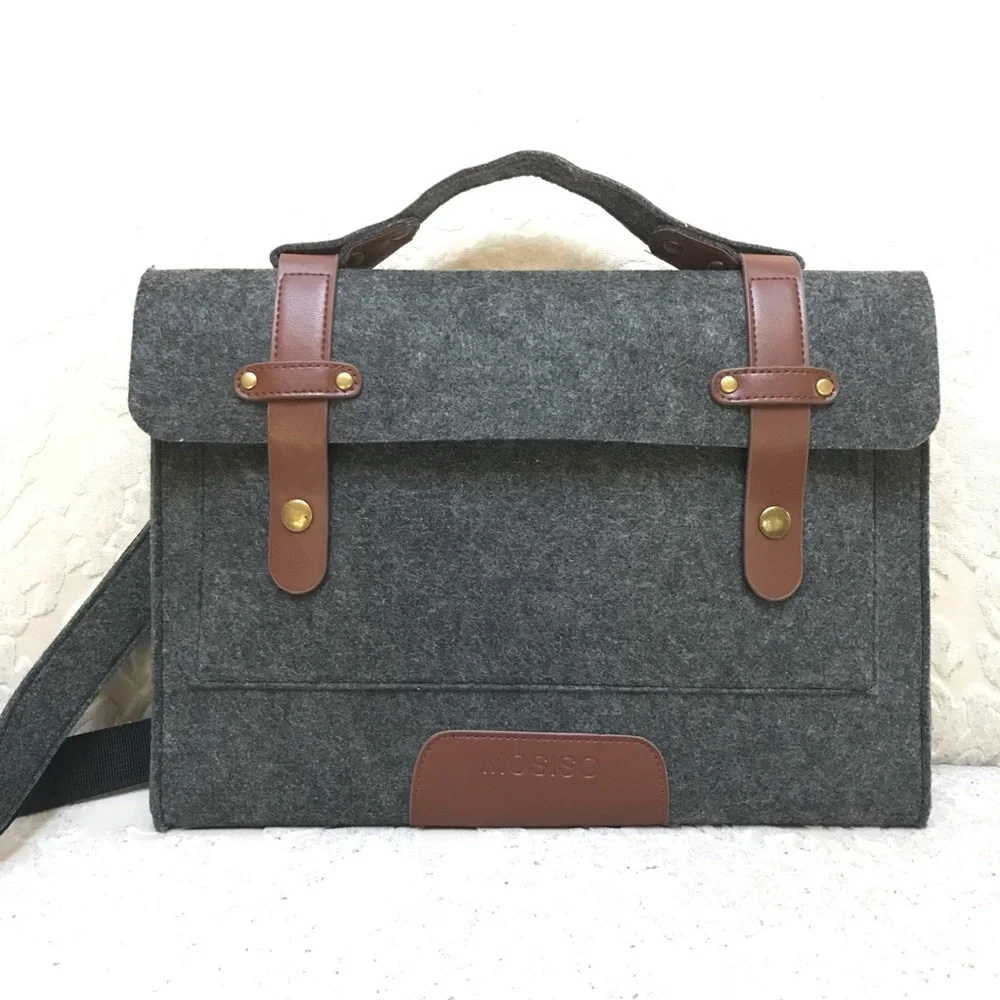 Charcoal Felt Laptop Shoulder Bag with Faux Leather Accents - 13-13.3 inch